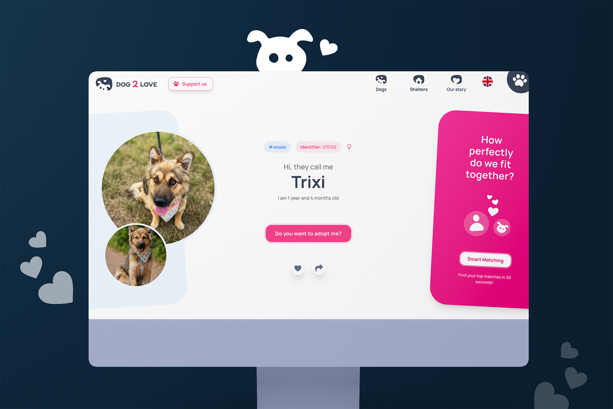 Dog2Love dog profile with Smart Matching card