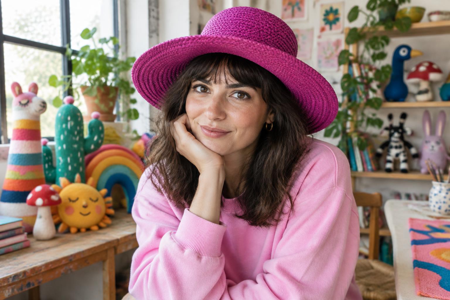 A playful creative portrait in a colorful design studio